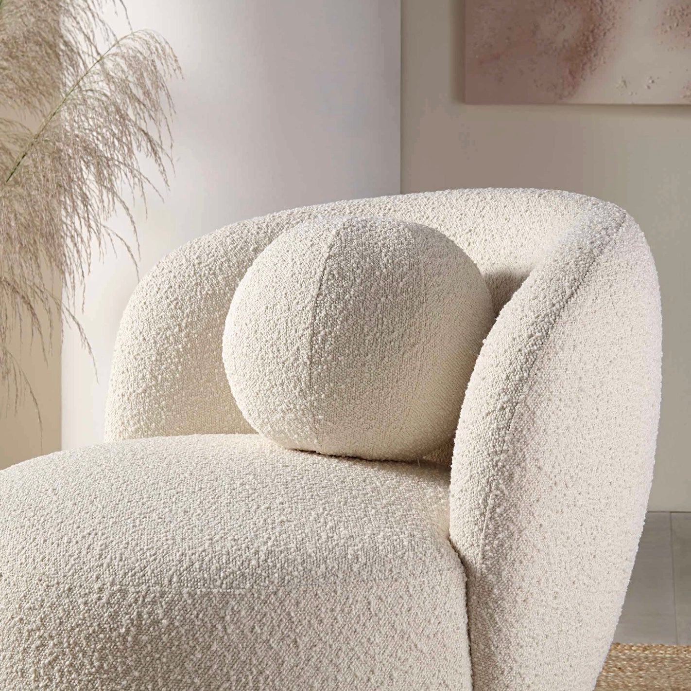 Amboise Armchair with Ball Cushion, Ecru Boucle